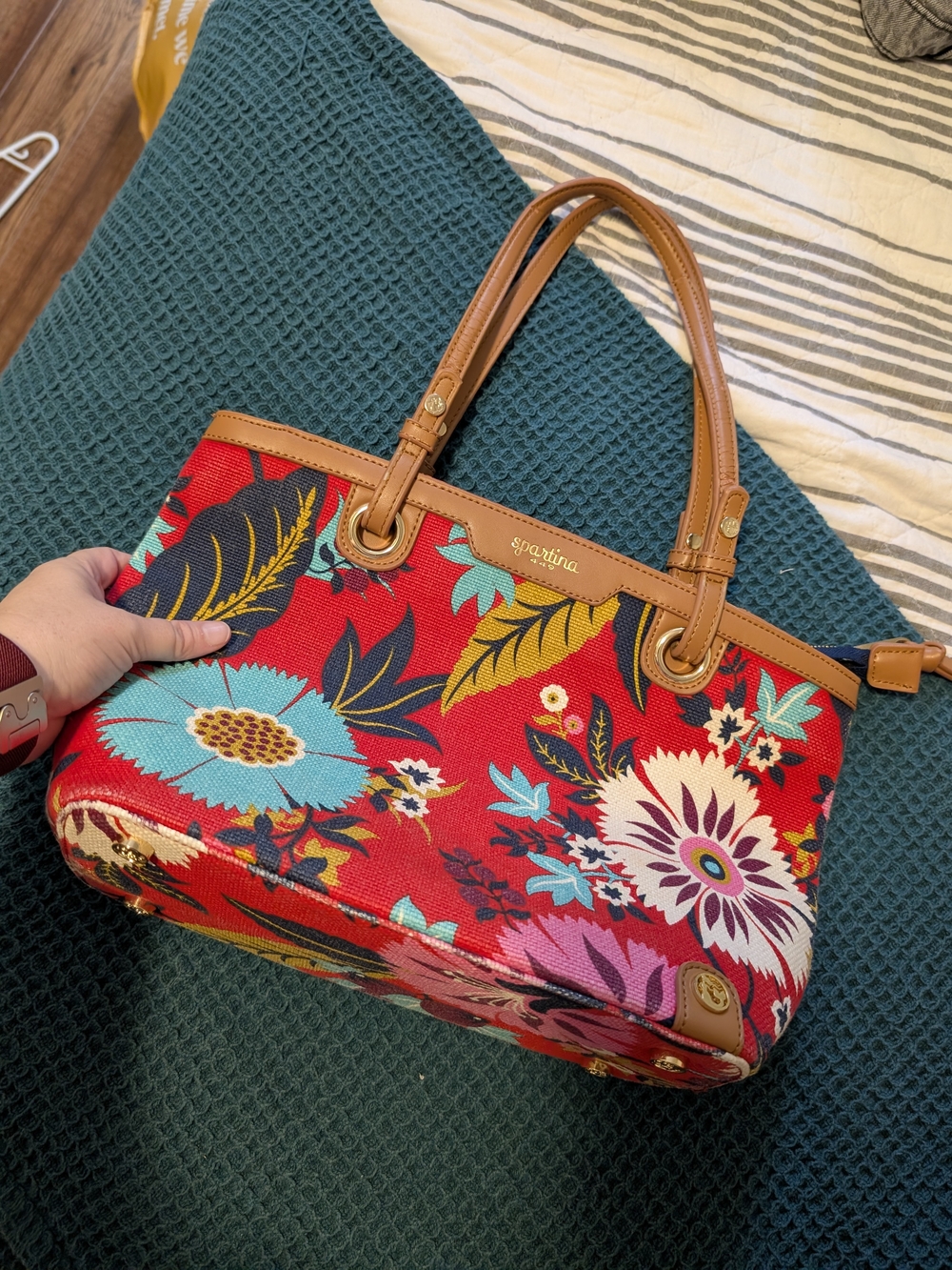Spartina 449 Floral Red Canvas Tote with Tan Leather Trim